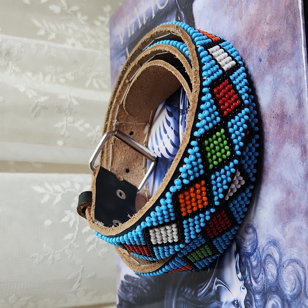 Black Vintage Native Turquoise Multicolor Beaded Leather Belt
